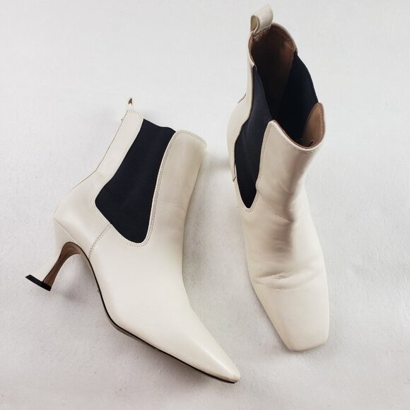 Sam Edelman Lani Chelsea Boot Womens 8 Cream Black Leather Pull On Ankle Heeled - Picture 3 of 15